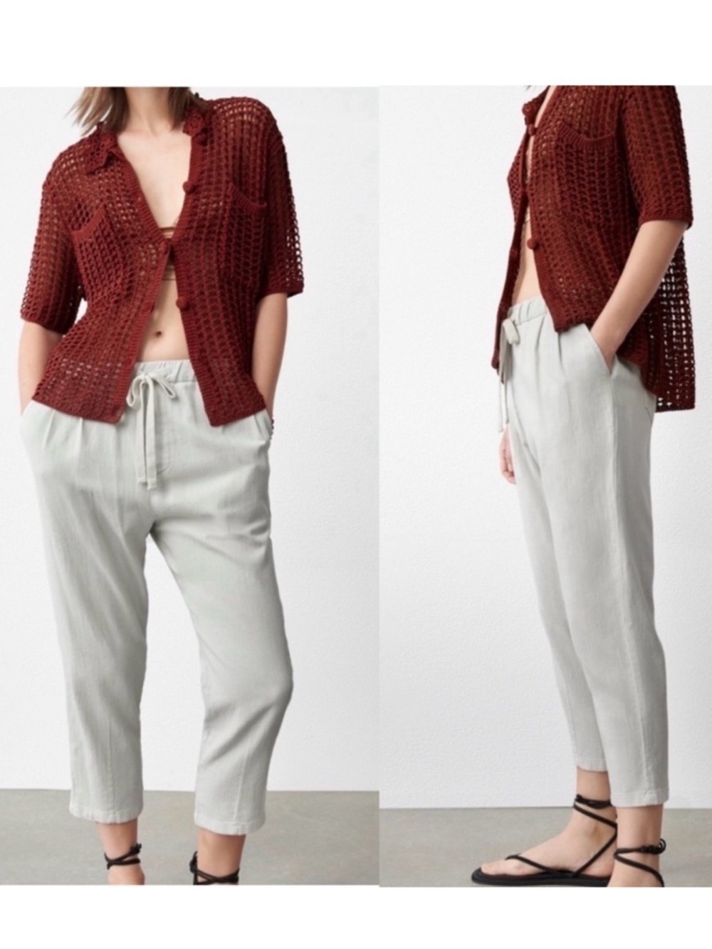 Zara Cream Ecru High Rise Slouchy Elastic Waist Weekend Pants Small